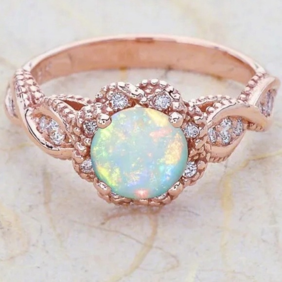 New Rose Gold Round Opal Diamond Halo Twist Ring - Picture 2 of 4